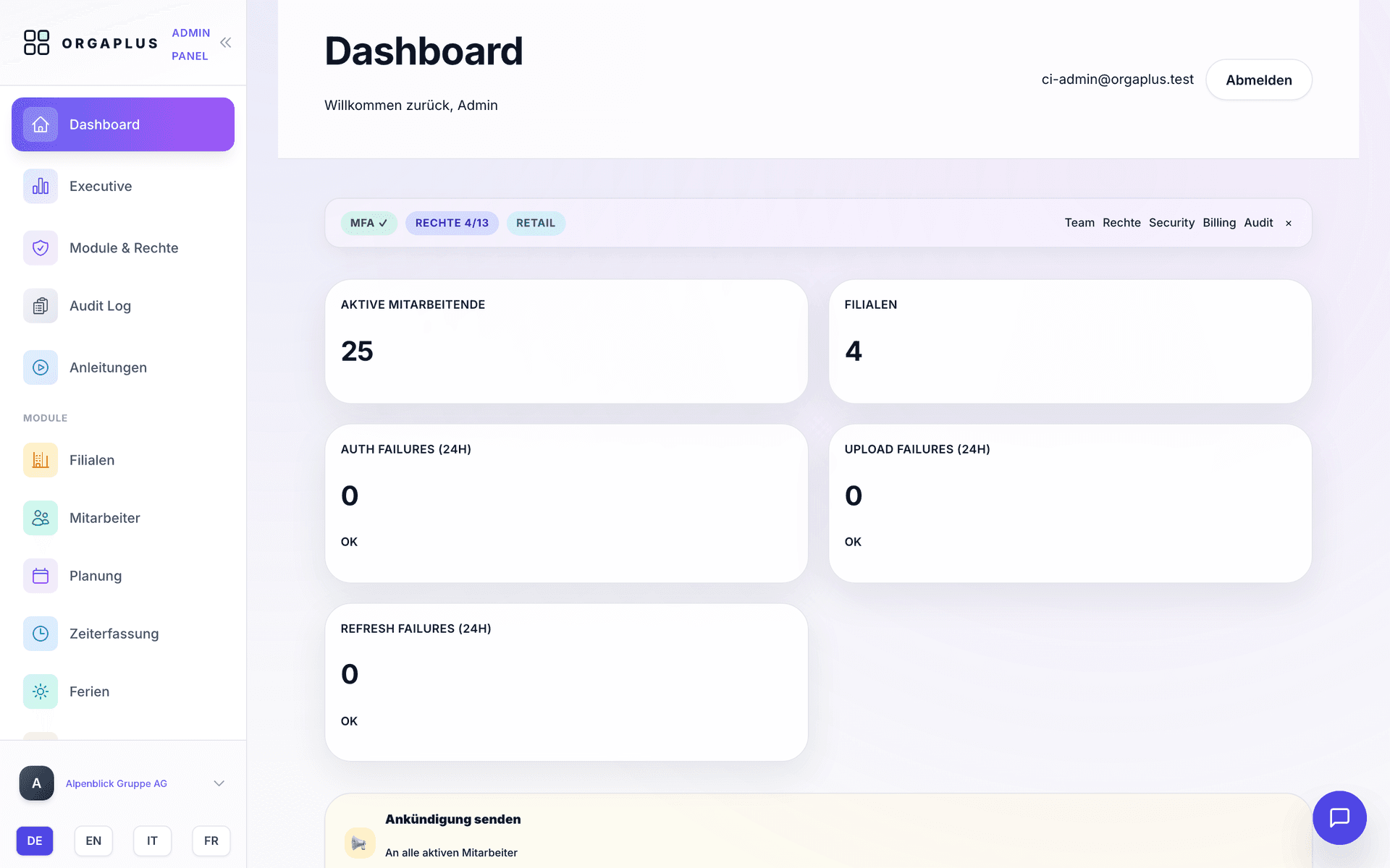 OrgaPlus Admin-Dashboard mit Kennzahlen zu Mitarbeitenden, Filialen und Sicherheit