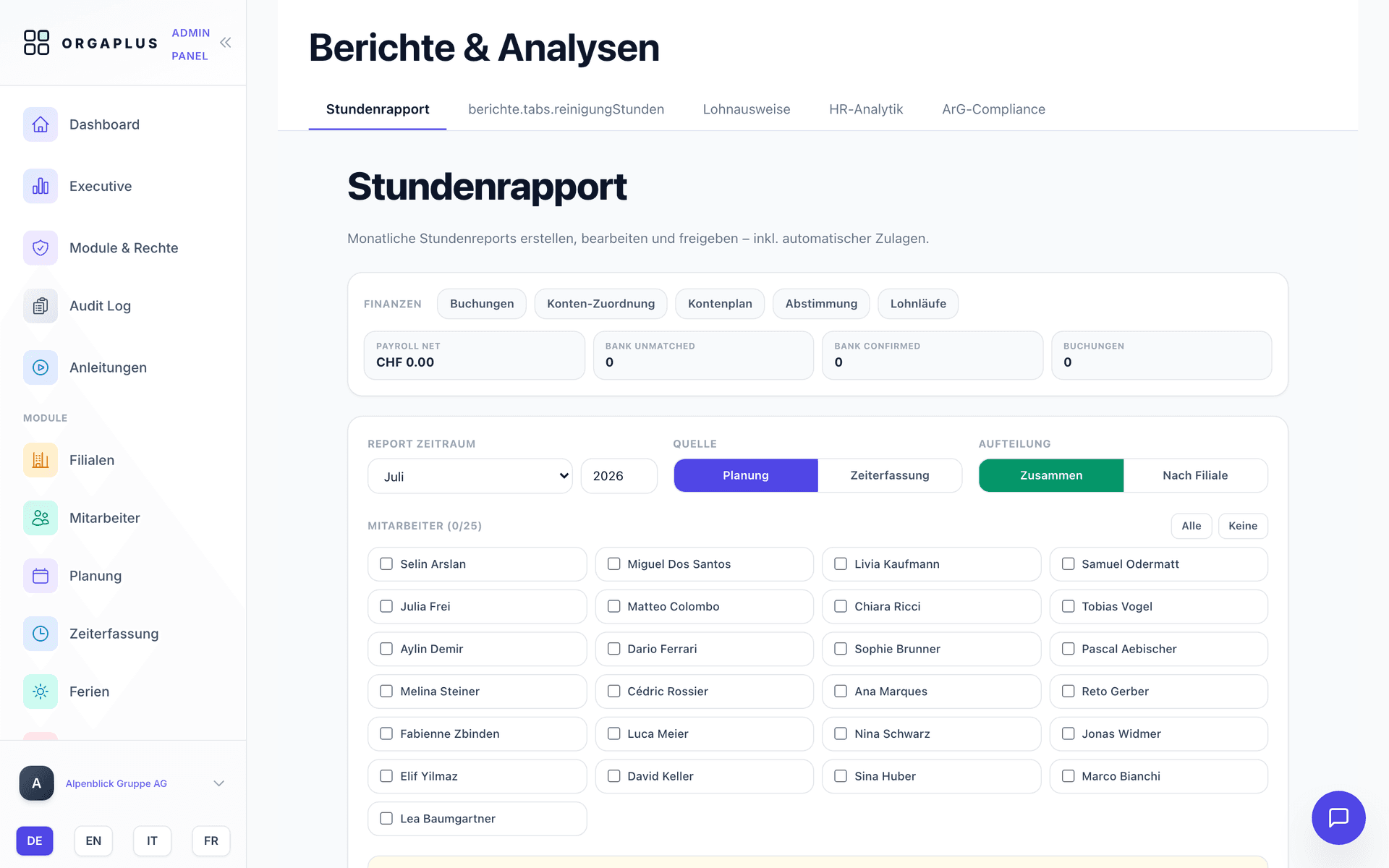 Stundenrapporte in OrgaPlus mit automatischen Zulagen und ArG-Compliance