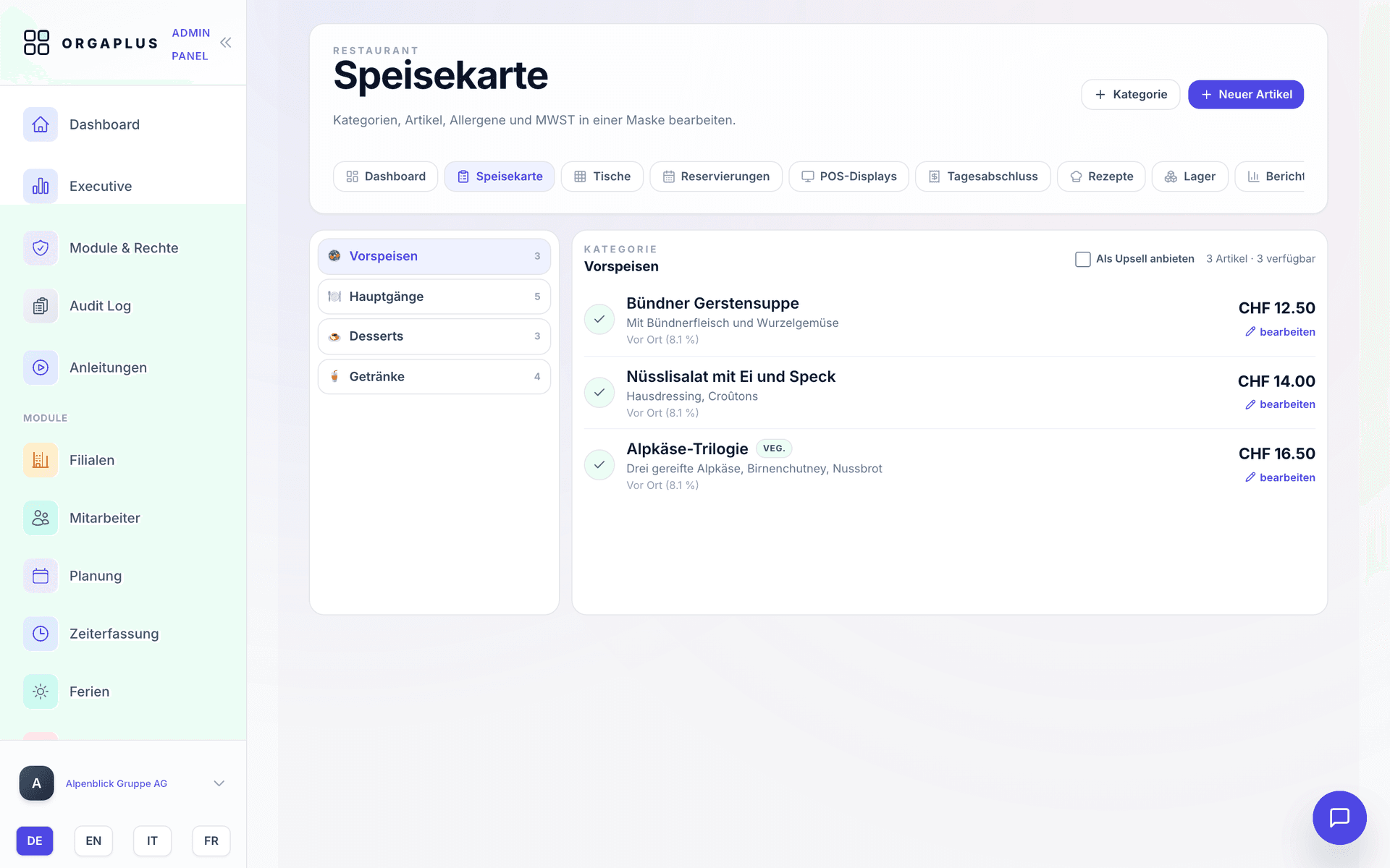 Digitale Speisekarte in OrgaPlus mit Kategorien, Preisen in CHF und MWST