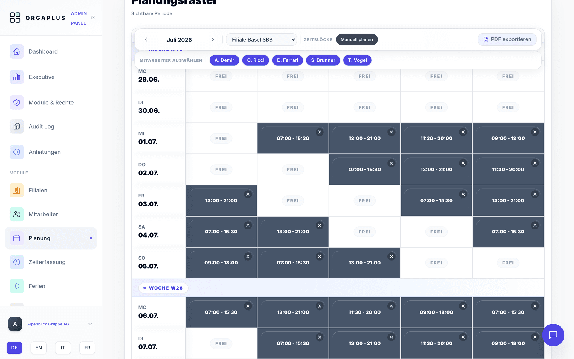 Wochenplanung in OrgaPlus mit Abdeckung, Konflikten und Auslastungsrisiko