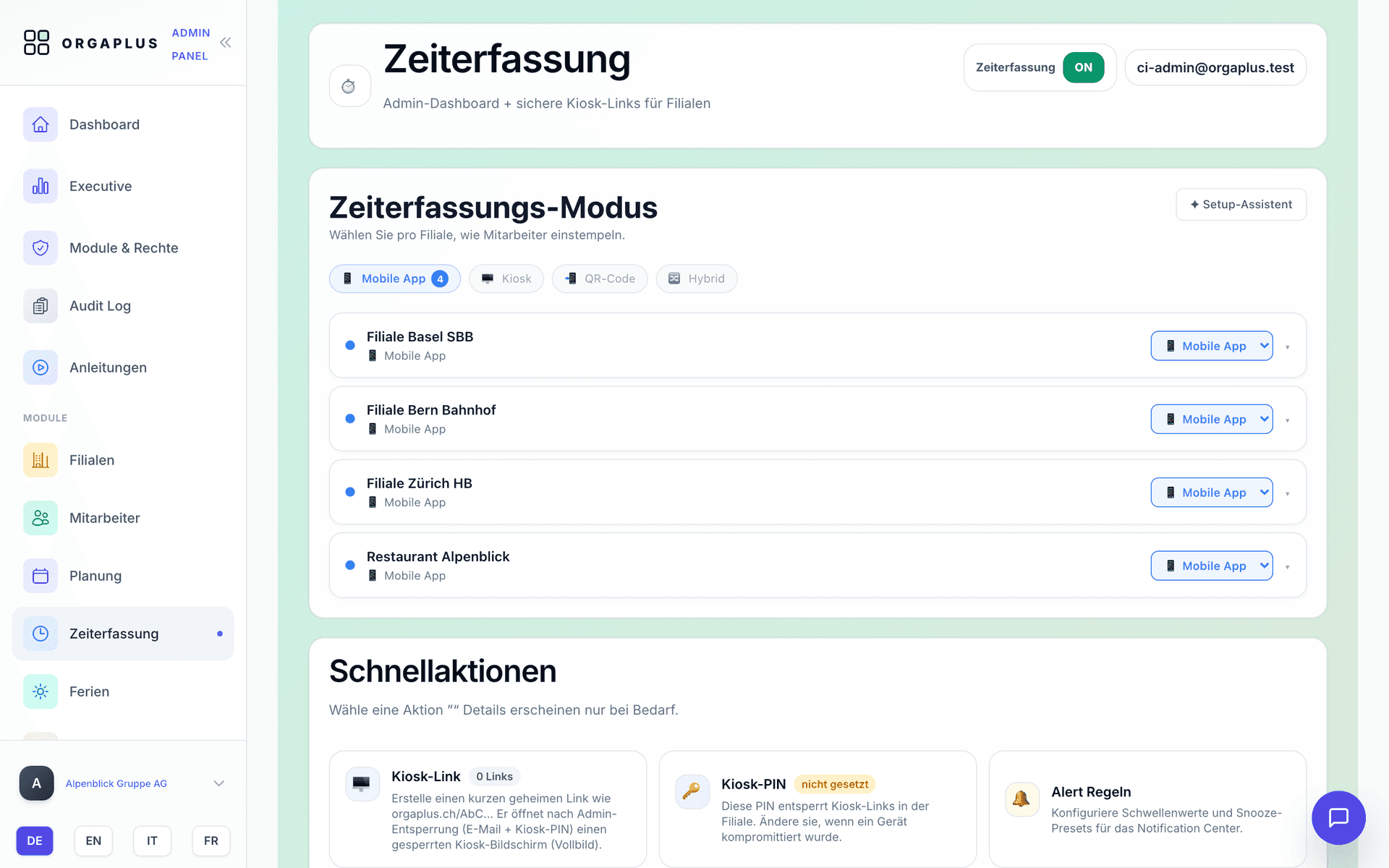 Zeiterfassung in OrgaPlus: Modus pro Filiale — Mobile App, Kiosk, QR-Code oder Hybrid